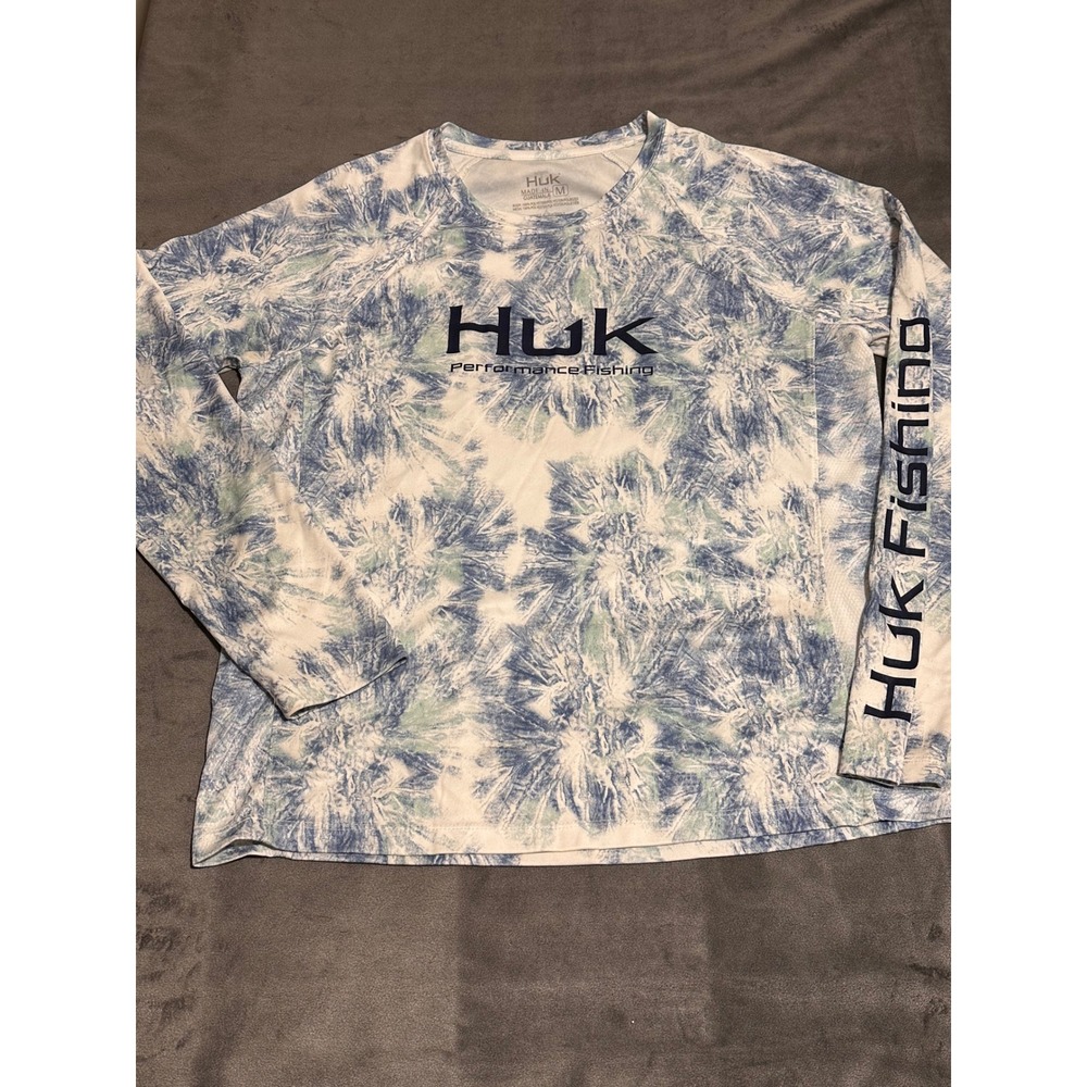 Huk Performance Fishing Shirt Womens Medium Blue Tie Dye Long Sleeve Mesh Side